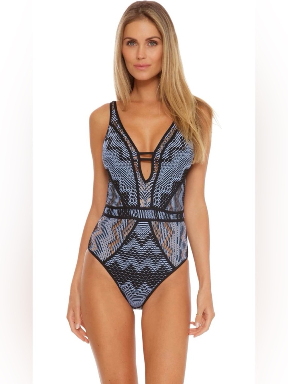 BECCA by Rebecca Virtue Reveal Plunge Crochet One-Piece Bathing Suit